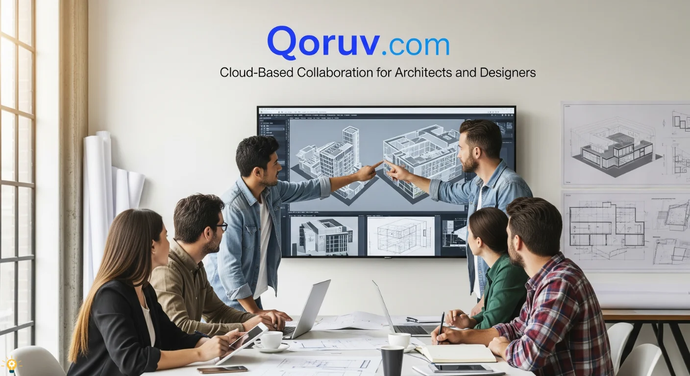 Architects collaborating around a digital screen with 3D models on Qoruv.com – showcasing teamwork and cloud design innovation.
