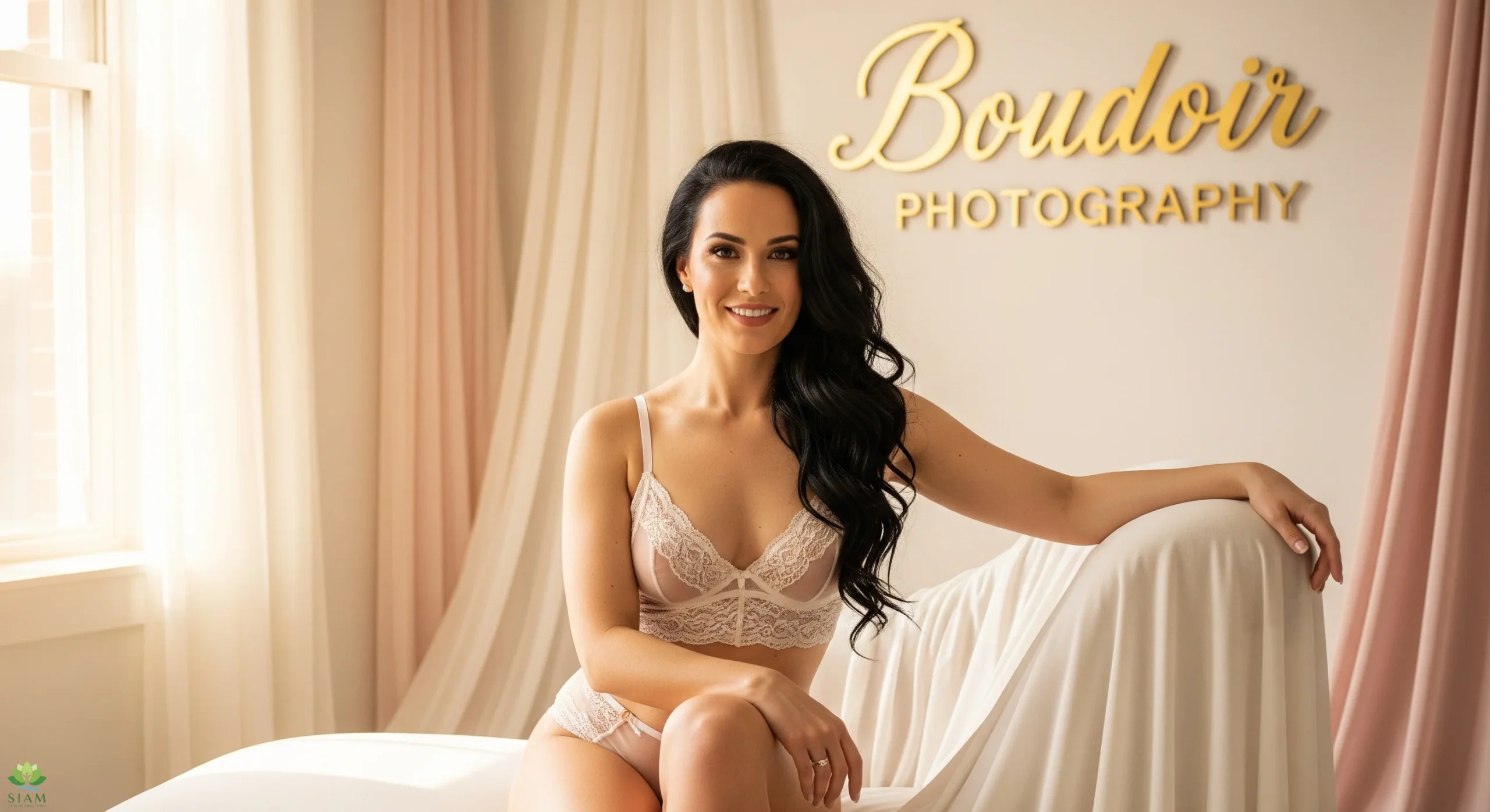 Boudoir photography showing a person in elegant lingerie with a look of confidence, captured with soft lighting and delicate props.