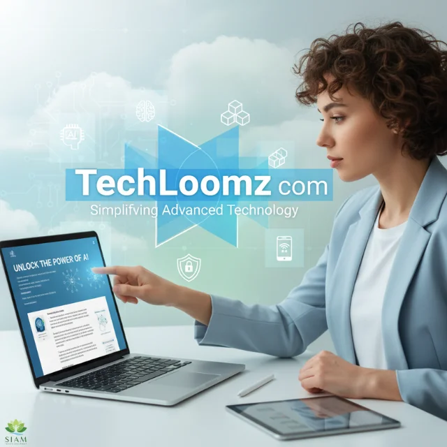 Young man using a laptop in a modern workspace, exploring technology concepts on TechLoomz com, with AI, blockchain, and cybersecurity icons on the screen.