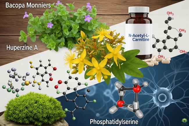 Collage of Neurodrine ingredients: Bacopa Monnieri, Huperzine A, St. John's Wort, N-Acetyl-L-Carnitine, and Phosphatidylserine for cognitive support.