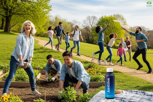 Customer reviews with happy and active adults enjoying outdoor activities like gardening, hiking, and tennis.
