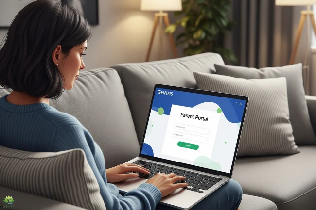 Parent using a laptop to access Genesis Parent Portal Vineland with the login page visible.