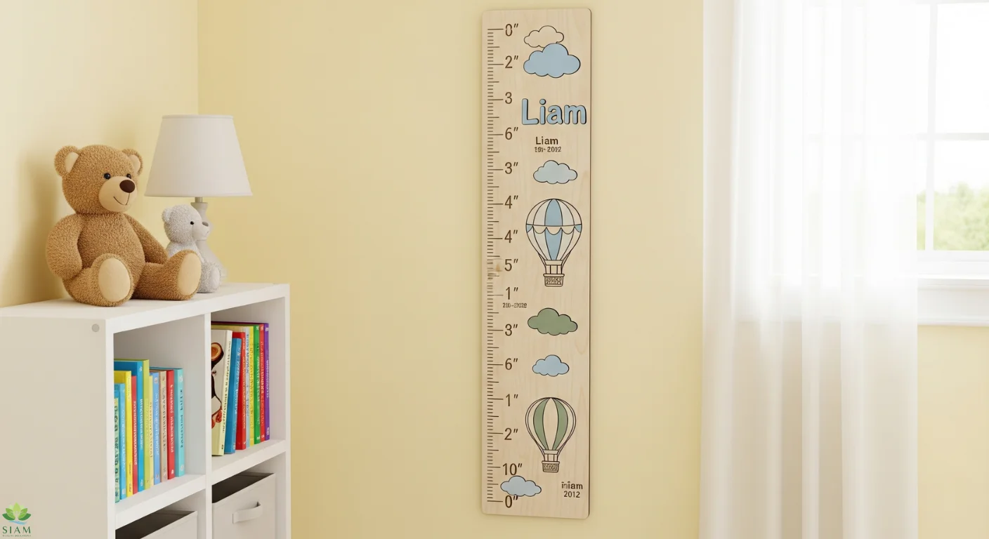 Personalized wooden growth chart with custom engraving, displayed in a cozy child's room with a teddy bear and wooden nightstand.