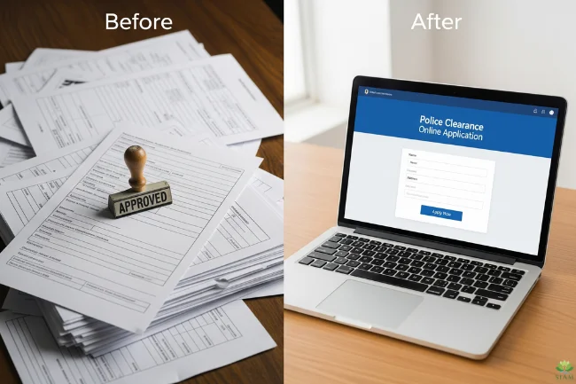Police Clearance Online application showing transition from paper forms to digital process