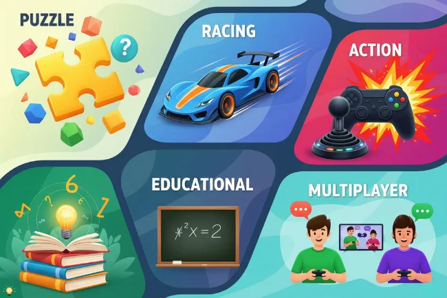 Classroom 15X game categories collage showing action, puzzles, racing, educational, and multiplayer options
