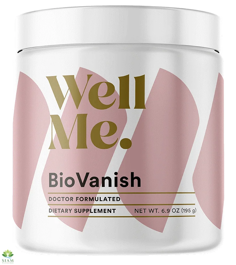 BioVanish dietary supplement from WellMe, with a sleek pink and gold container design for weight loss and energy boosting.