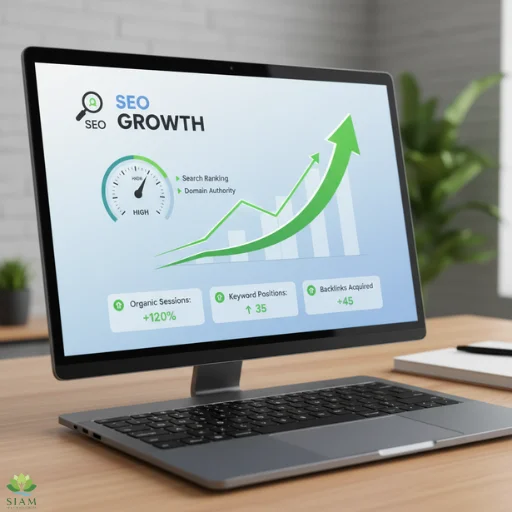 SEO growth dashboard with metrics showing increase in organic sessions, keyword positions, and backlinks for Newsgama com.