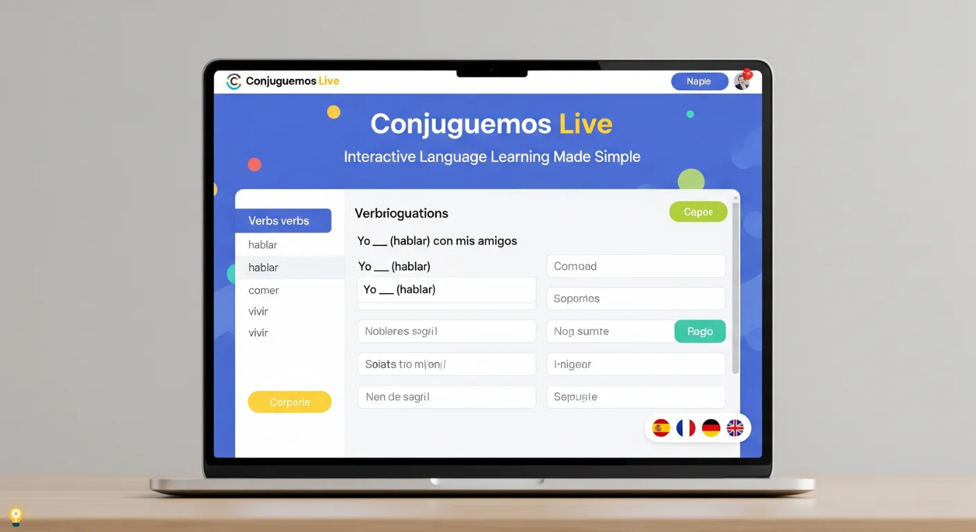 Conjuguemos Live interactive language learning platform on laptop with verb conjugation quiz and language flags