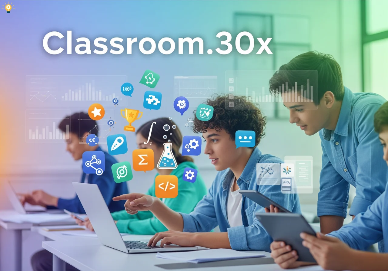 Classroom.30x gamified learning platform with students using laptops and tablets, showcasing interactive education with STEM and games.