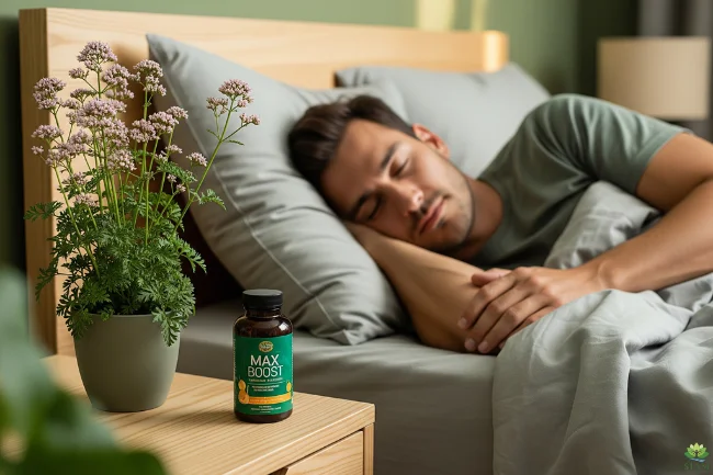Max Boost supplement bottle placed on a nightstand with Valerian Root, supporting restful sleep and male health.