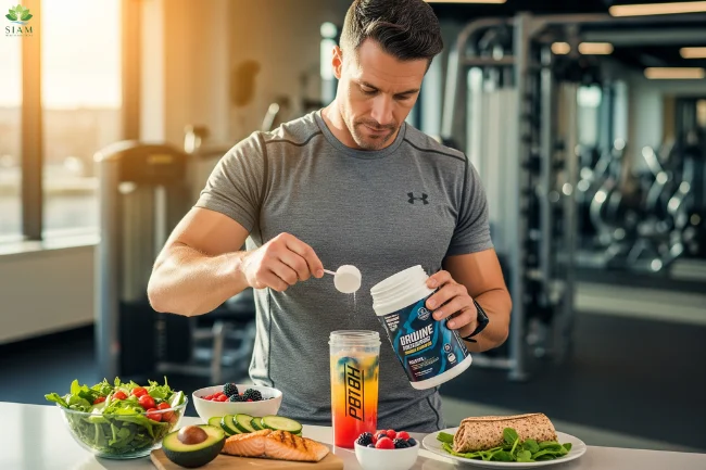 Man mixing BioVanish supplement in a shaker bottle while preparing a healthy meal with fresh vegetables, salmon, and fruits in a fitness setting.