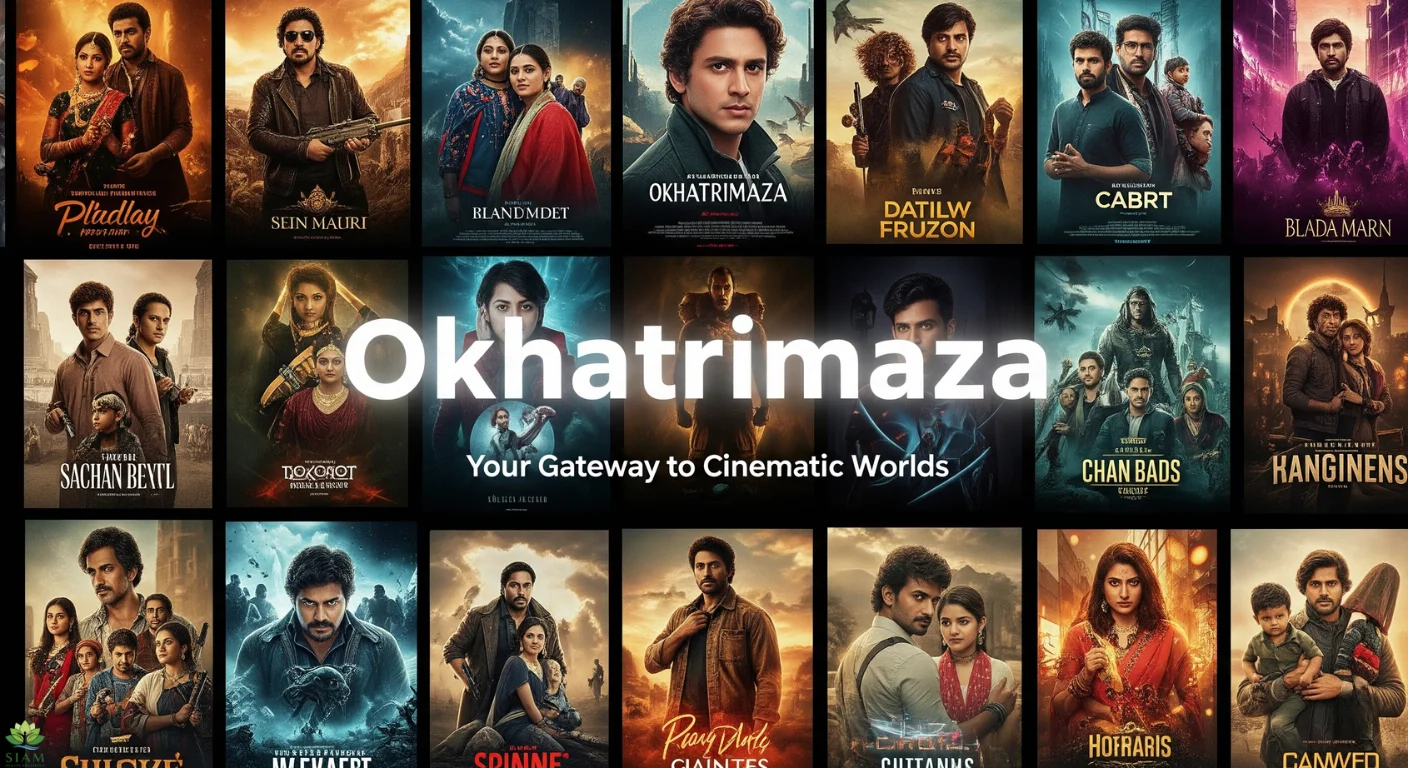 Okhatrimaza movie download platform featuring a vibrant collage of movie stills, offering diverse film genres for easy access.