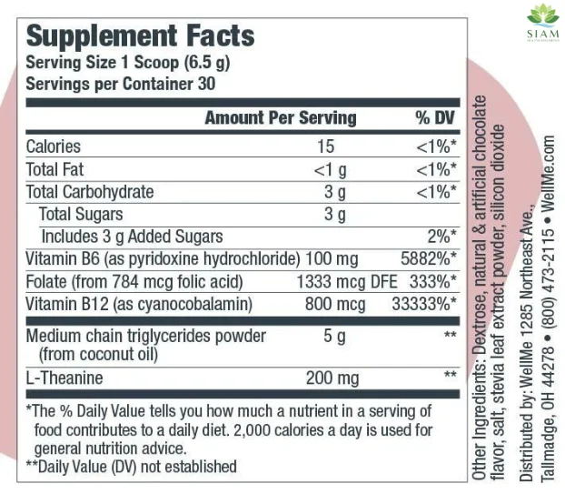 BioVanish Supplement Facts - Nutritional information for weight loss supplement with key ingredients like Vitamin B6, Folate, MCT Oil, and L-Theanine.