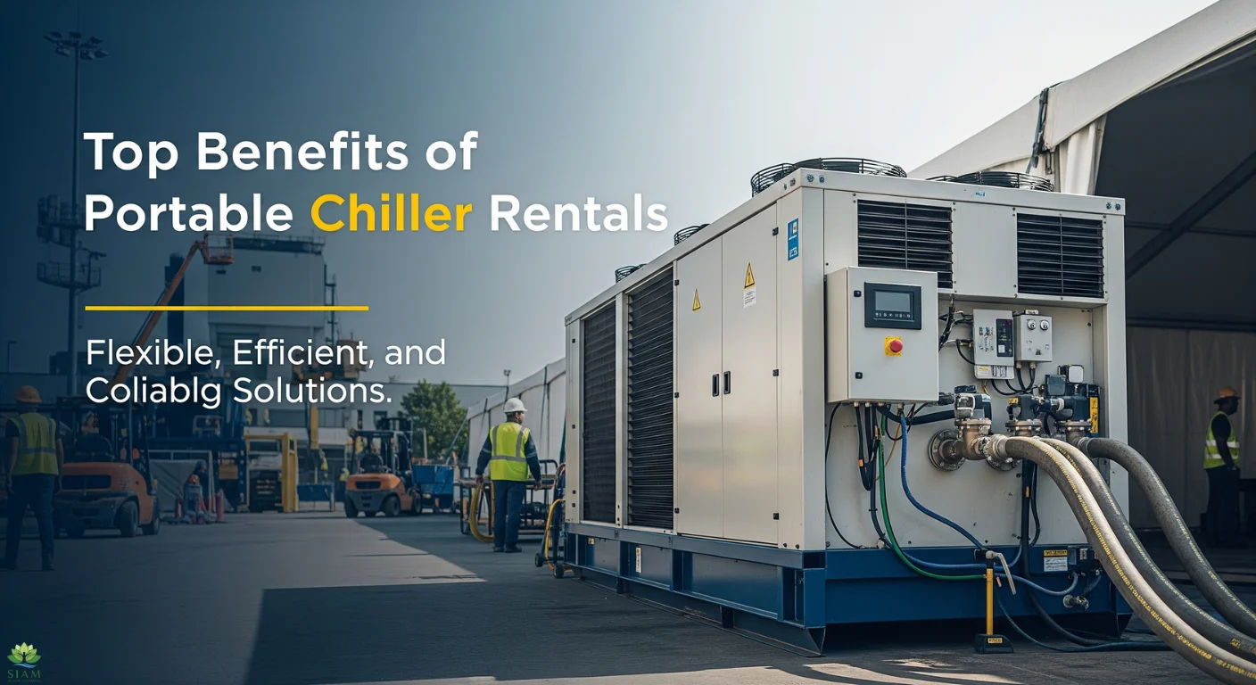 Portable chiller rental unit in an outdoor industrial setting with visible hoses and cooling equipment, showcasing cost-effective and flexible solutions.