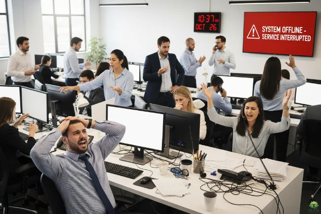 Office disruption caused by system outage, employees frustrated with workflow interruption due to Iaoegynos2 downtime.