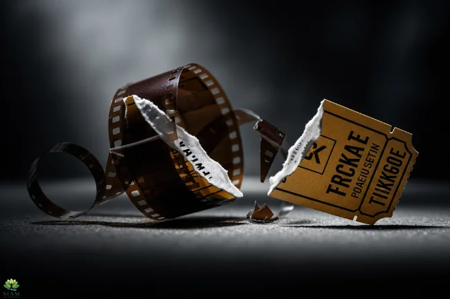 Okhatrimaza movie download platform with a broken film reel and torn movie ticket symbolizing piracy's impact on the film industry.