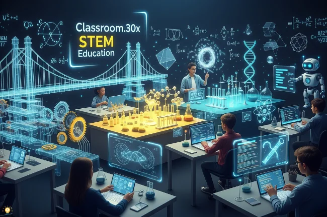 Classroom.30x STEM Education platform with students using laptops and tablets in a futuristic virtual lab featuring science, engineering, and math visuals.