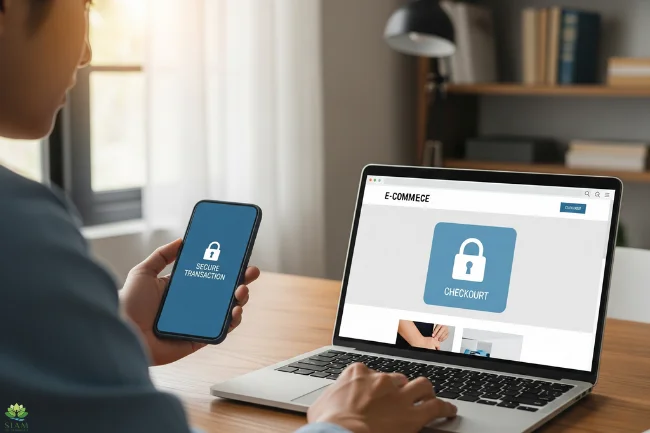 Secure online payment with a lock symbol visible on a laptop and smartphone screen, illustrating a safe e-commerce checkout process.