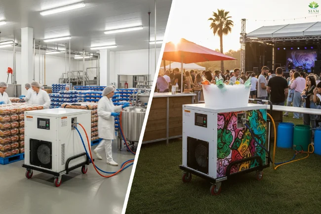 Portable chiller unit in two different settings: a food processing plant and an outdoor event, showcasing its versatile and flexible cooling capabilities.