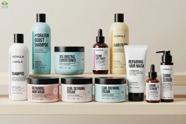 Four Fairy Tales Hair Care products neatly arranged on a marble surface, featuring shampoo, conditioner, detangler spray, and lice treatment, with labels clearly visible, set against a soft peach background.