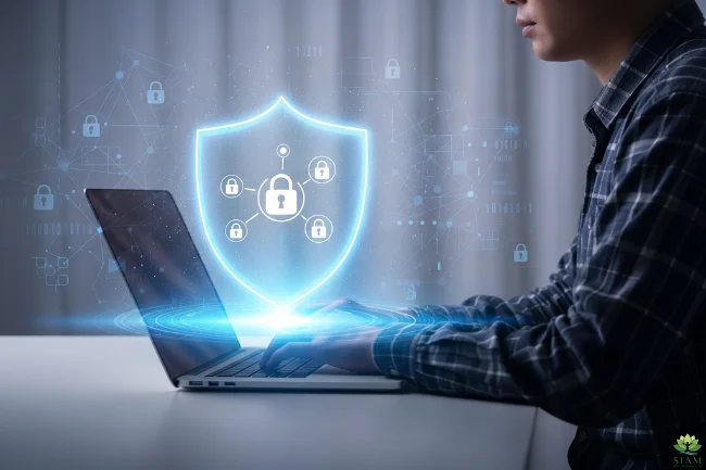 Secure online browsing with VPN protection while downloading movies on Okhatrimaza, featuring a glowing shield symbol."