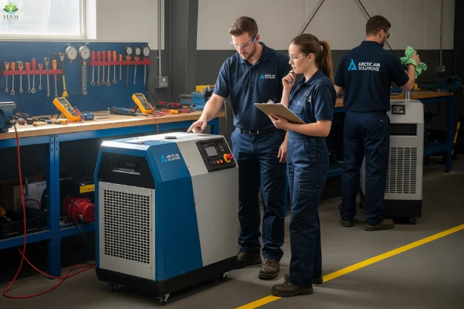 Two technicians inspecting a portable chiller unit in a workshop, conveying professional service for portable chiller rentals.