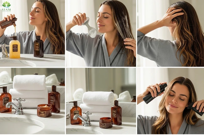 A woman with long chestnut-brown hair applying Oribe Gold Lust Repair & Restore Shampoo in a serene bathroom setting, showcasing a luxurious haircare routine.