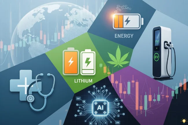 Diverse investment sectors illustration with healthcare, lithium, cannabis, and technology icons for 5starsstocks.com analysis