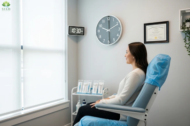 Relaxed woman in a spa-like setting, with a clock in the background, representing the quick and efficient nature of Laser Skin Tag Removal.