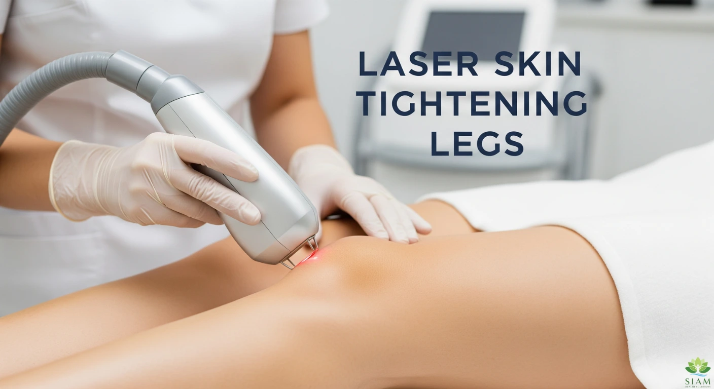 Laser skin tightening treatment on a woman's leg, with a medical professional using a laser device for skin rejuvenation, featuring the text 'Laser Skin Tightening Legs