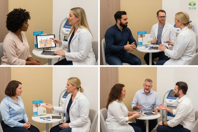Group of diverse women in a medical setting, receiving consultation about laser skin tightening for legs, with the text 'WHO IS A GOOD CANDIDATE FOR LASER SKIN TIGHTENING LEGS' above.