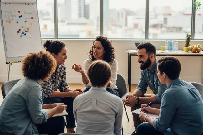 Group of five individuals sitting in a circle during a personal growth retreat, engaging in a workshop or group discussion in a serene, well-lit room with a peaceful outdoor view.
