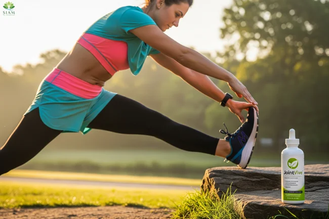 Middle-aged woman stretching outdoors symbolizing flexibility and joint health with JointVive supplement.