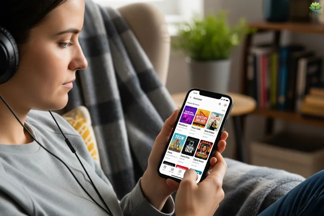 Young man listening to a Personal Growth Podcast on his smartphone, deep in thought, with a notebook and laptop in the background, creating a reflective and productive atmosphere.