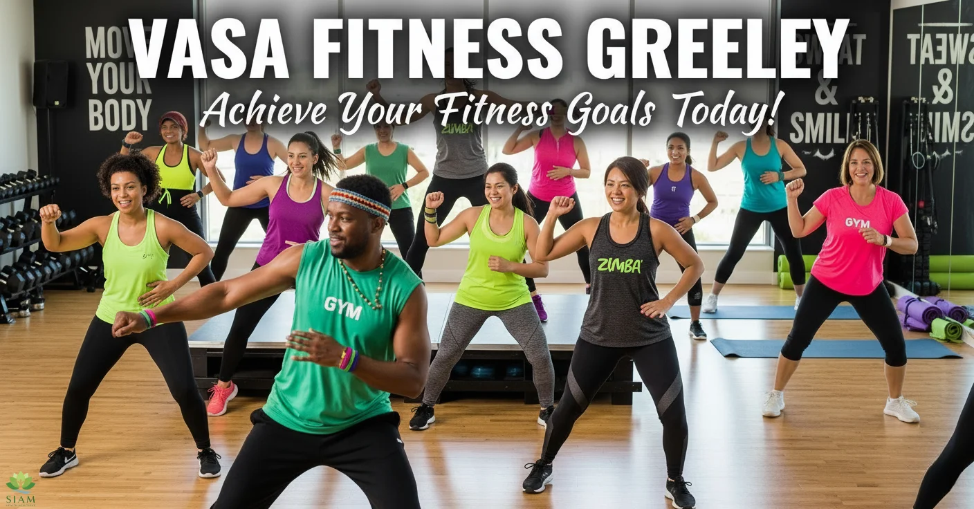 Group fitness class at Vasa Fitness Greeley with diverse participants engaged in yoga and cycling exercises. Text overlay reads 'Vasa Fitness Greeley - Achieve Your Fitness Goals Today!