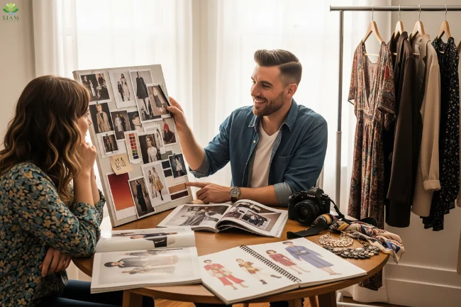A collaborative boudoir photography planning session, showing a photographer and client reviewing ideas in a relaxed, friendly environment.