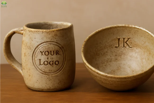 Custom handcrafted ceramic pottery mug and bowl with personalized logo and initials, showcasing unique design and craftsmanship.