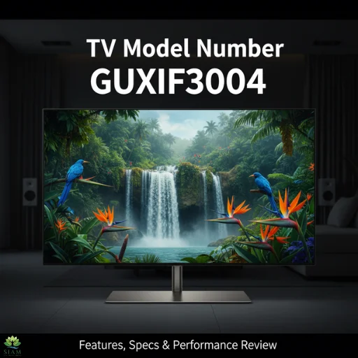 TV Model Number GUXIF304 4K Smart TV on Wooden Stand, displaying vibrant sunset scene. Features, specs, and performance review.