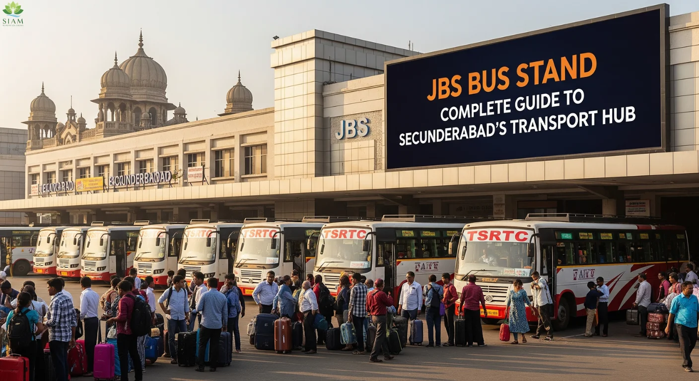 JBS Bus Stand in Secunderabad with buses, passengers, and the modern terminal building, showcasing the bustling transport hub.