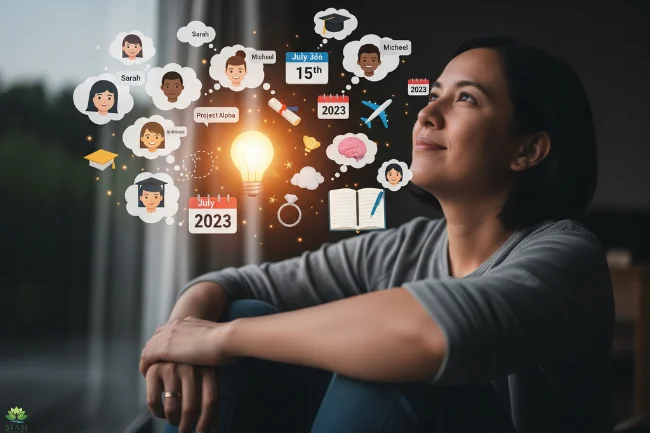 Illustration of a person recalling memories with floating icons representing names, faces, and brain-related visuals for improved cognition.