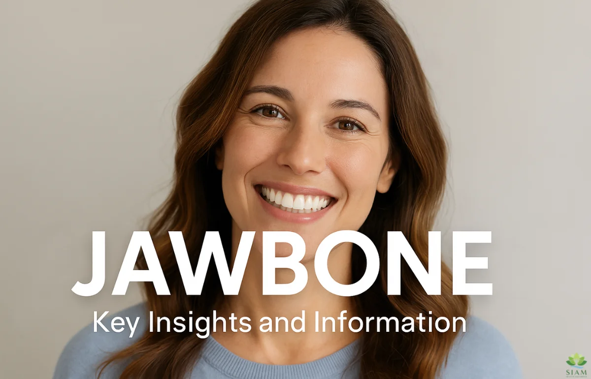 Smiling woman showing healthy teeth with the word Jawbone in bold text