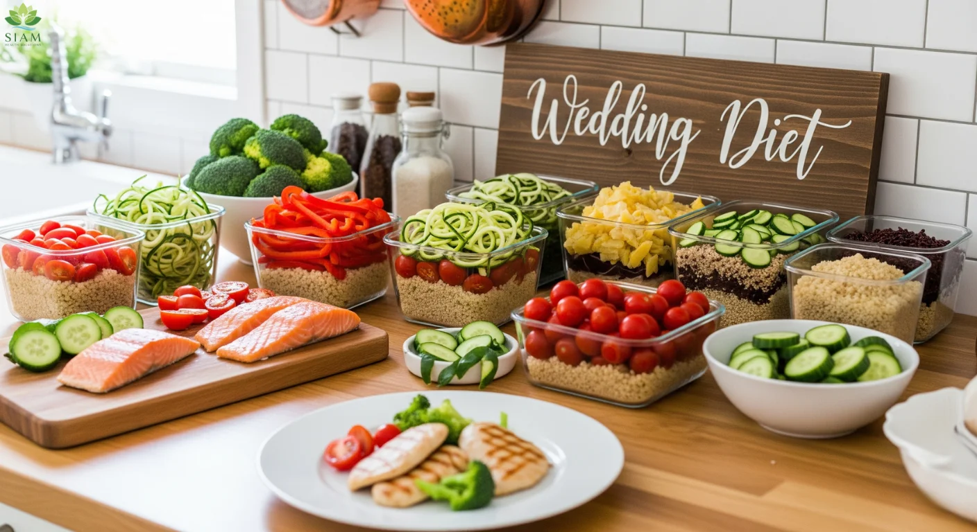 Bride-to-be preparing healthy meals for her wedding diet with fresh vegetables, lean proteins, and a green smoothie in a cozy kitchen.