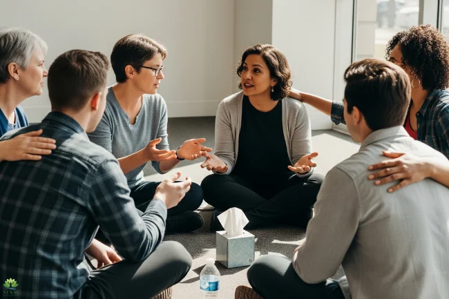 A diverse group of individuals sitting in a circle, engaging in supportive conversation, representing community support for mental health.