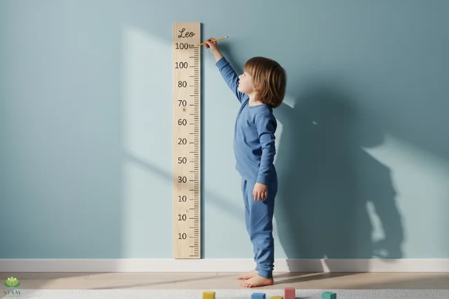 A young boy standing next to a personalized wooden growth chart with custom engraving in a cozy child's bedroom.