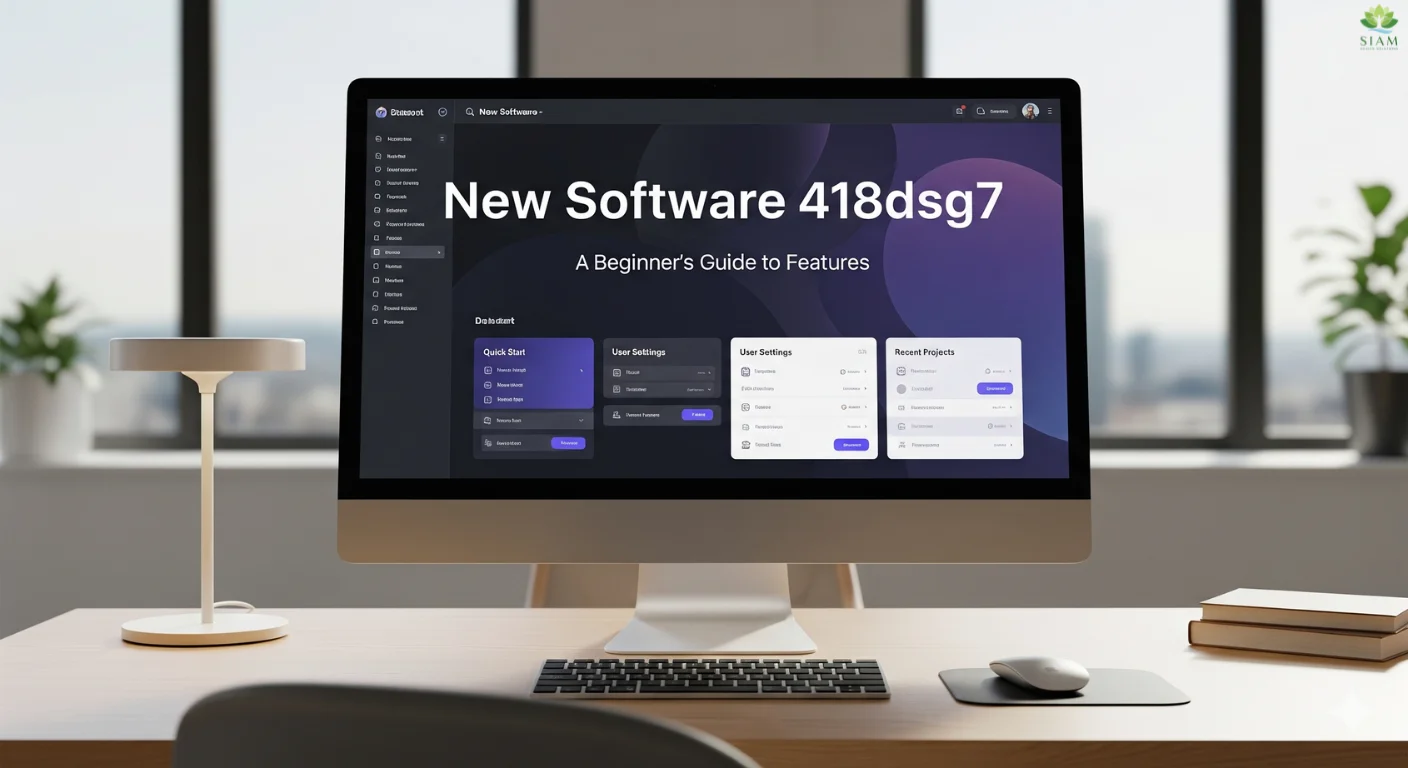 Modern workspace setup showcasing the New Software 418dsg7 interface on a computer screen, with a keyboard, mouse, and minimalistic desk elements, highlighting the beginner’s guide to the software's features.