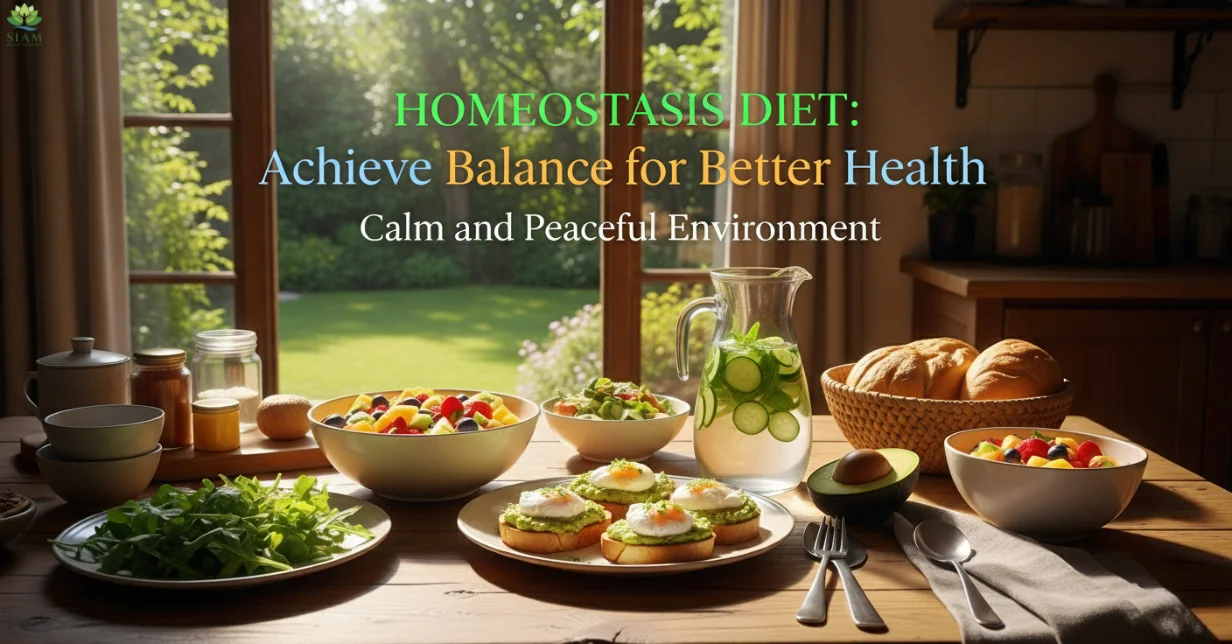 Healthy and balanced meal promoting the Homeostasis Diet with fresh vegetables, quinoa, grilled chicken, and avocado in a calm kitchen setting.