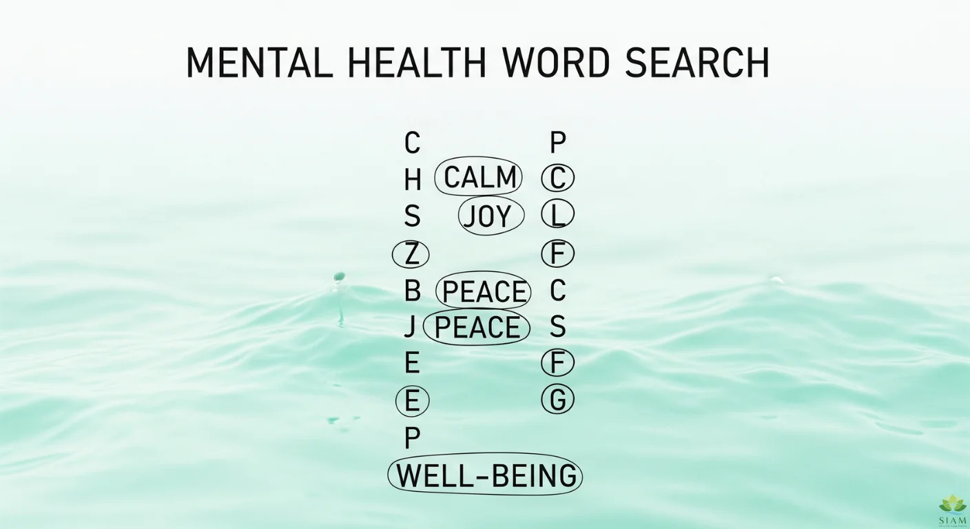 Word search puzzle with highlighted mental health terms such as 'calm,' 'joy,' 'well-being,' and 'peace,' featuring the title 'Mental Health Word Search' at the top.