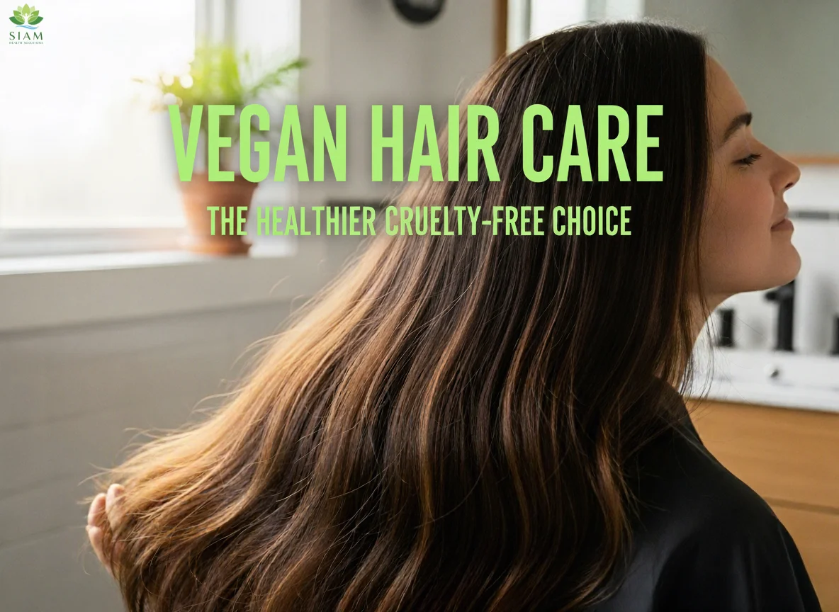 A woman with healthy, voluminous chestnut curls, smiling confidently in a bathroom setting. The image promotes the benefits of vegan hair care with bold text reading 'Vegan Hair Care: The Healthier Cruelty-Free Choice