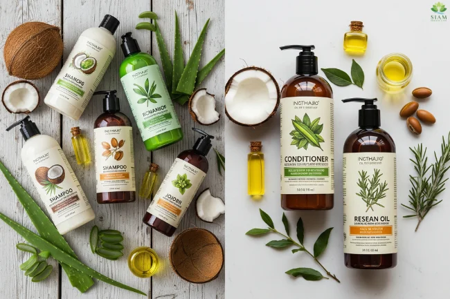 A split image contrasting vegan hair care products, featuring natural ingredients like aloe vera and coconut, with traditional hair care products.