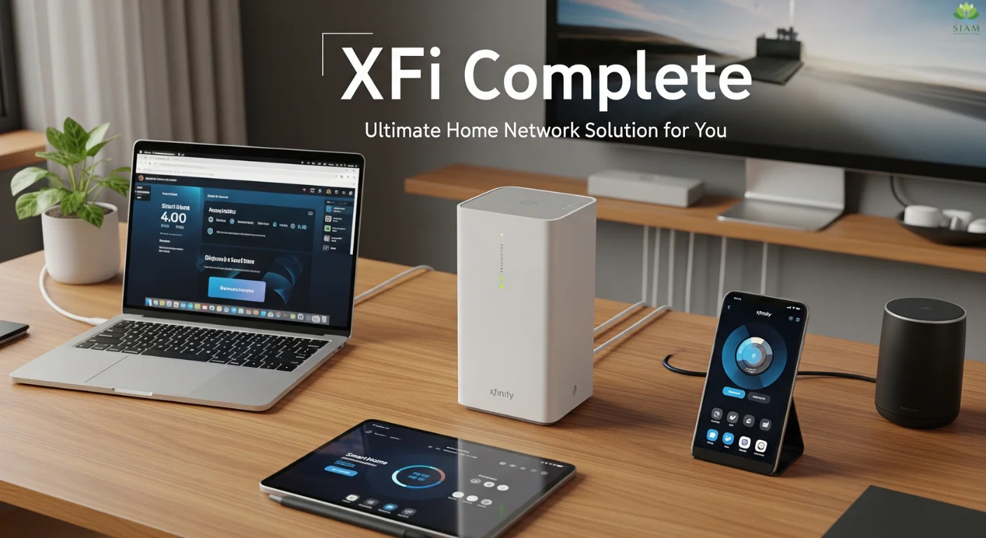 Modern home office setup with XFi Gateway modem/router, smartphone, and laptop, showcasing the ultimate home network solution provided by XFi Complete.
